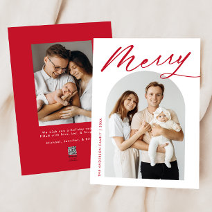 Minimalist Merry Red Script 2 Photo Holiday Card
