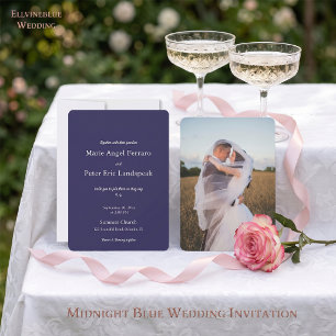 Minimalist Midnight Navy Blue Modern Wedding Photo Invitation