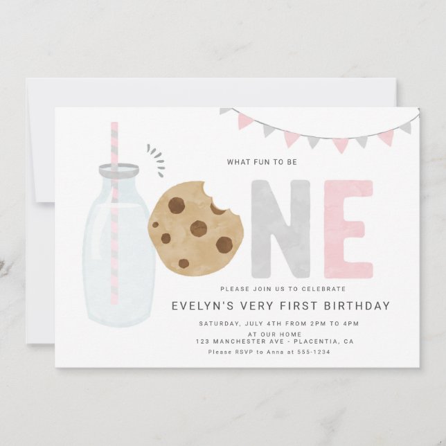 Minimalist Milk and Cookies Girl First birthday Invitation (Front)