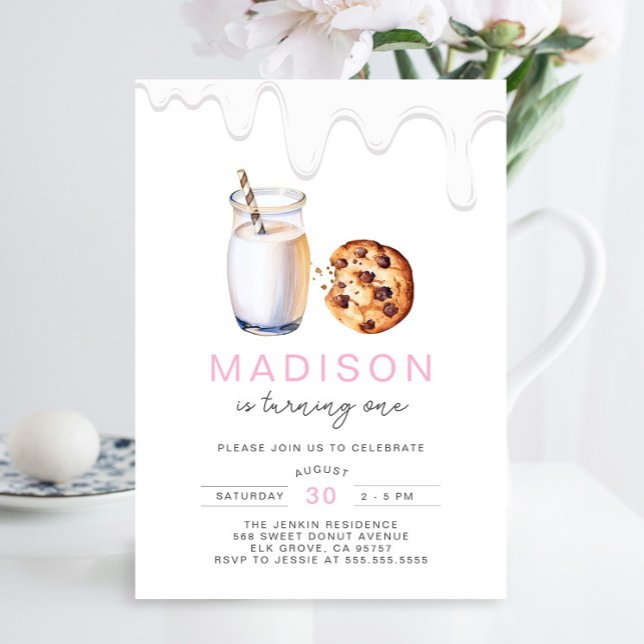 Minimalist Milk And Cookies Pink Girl Birthday Invitation (Creator Uploaded)