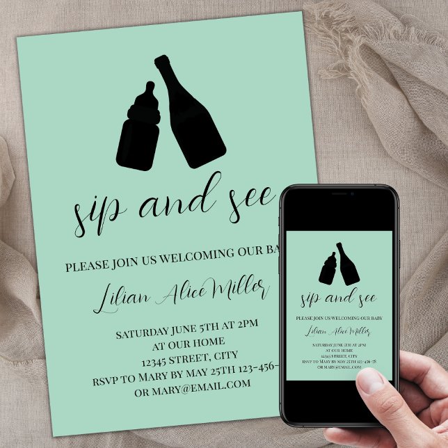 Minimalist Mint Baby Bottle Champagne Sip And See Invitation (Minimalist sip and see invitation, baby bottle and champagne bottle silhouettes, calligraphy script)
