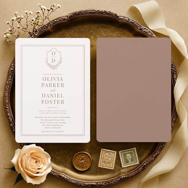 Minimalist Mocha Brown Crest Wedding Invitation (Creator Uploaded)