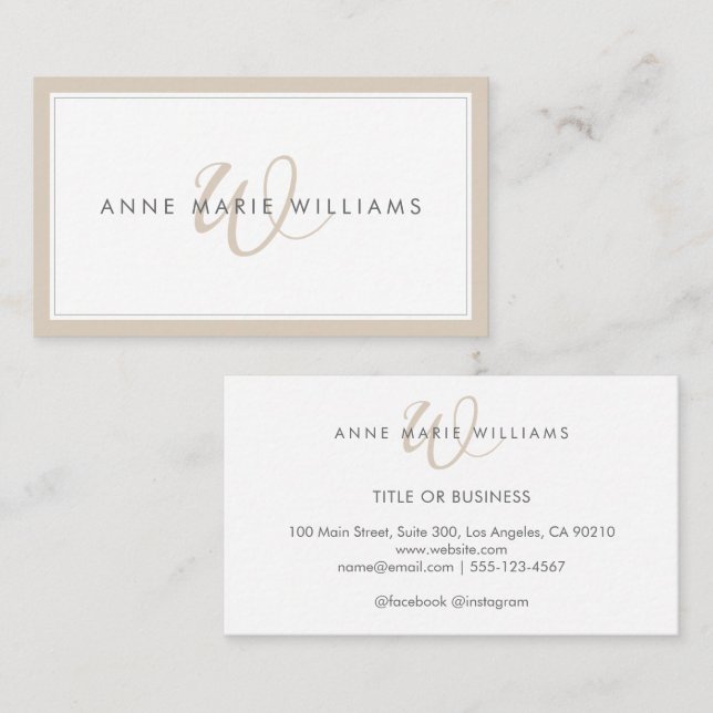 Minimalist Mocha Brown Script Two Border Monogram Business Card (Front/Back)