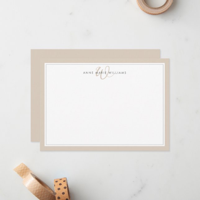 Minimalist Mocha Brown Two Border Monogram  Card (Front/Back In Situ)