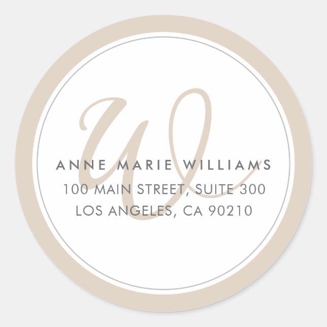 Minimalist Mocha Brown Two Border Monogram Classic Round Sticker (Front)