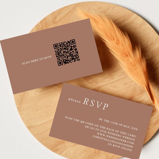 Minimalist Mocha Brown White QR Code Wedding RSVP Enclosure Card (Creator Uploaded)
