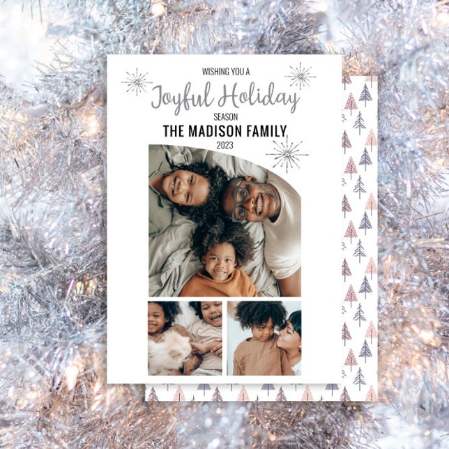Minimalist Modern 3 Photo Joyful Holiday Season Card (Here's wishing you and your family a "Joyful Holiday" with this unique tapered top 3-photo design.)