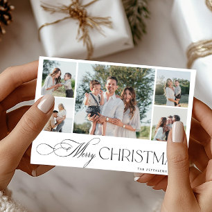 Minimalist modern 5 photo collage Merry Christmas Holiday Card