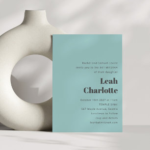 Minimalist Modern Aqua Blue Simple Bat Mitzvah Invitation