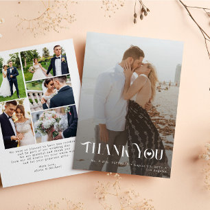 Minimalist modern black and white 6 photos wedding thank you card