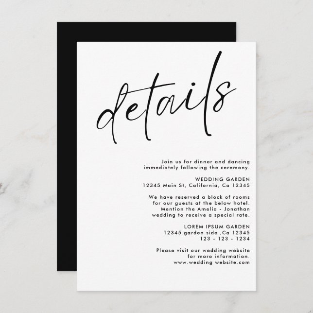 Minimalist modern black and white wedding details enclosure card (Front/Back)