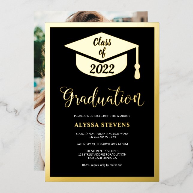 Minimalist modern black gold graduation photo (Front/Back)