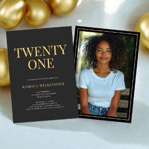 Minimalist modern Black Gold  photo 21st Birthday  Invitation