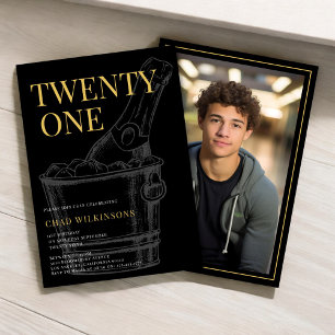 Minimalist modern Black Gold  photo 21st Birthday  Invitation