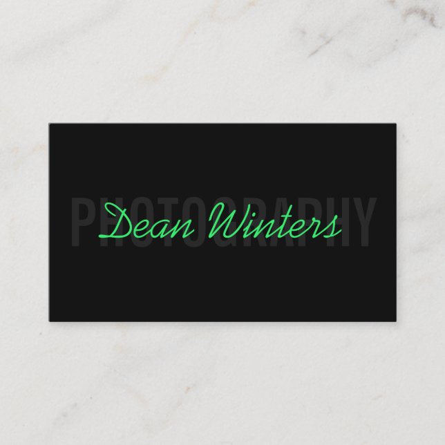 Minimalist Modern Black Green Photographer Business Card (Front)