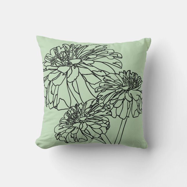 Minimalist modern black line floral drawing green cushion (Front)