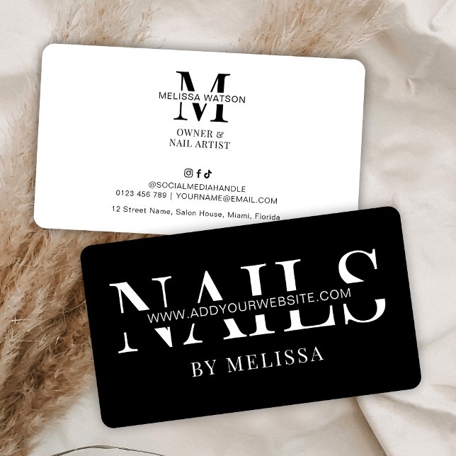Minimalist Modern Black Nail Artist Nail Salon Business Card (Minimalist nail spa business cards in black and white with fully editable text & colors)