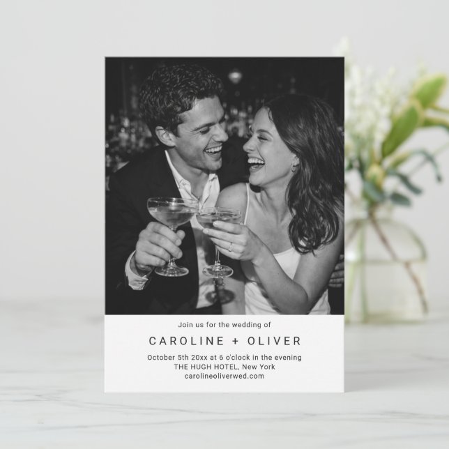 Minimalist Modern Black Typography Photo Wedding Invitation (Standing Front)