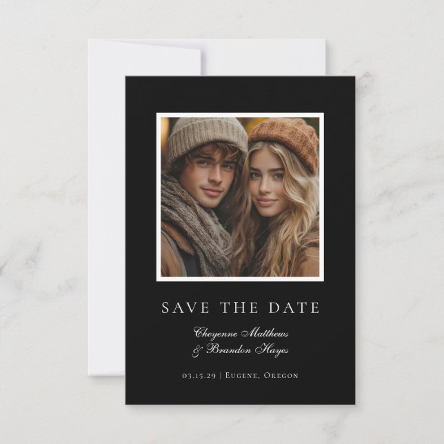Minimalist Modern Black White Elegant Photo  Save The Date (Front)