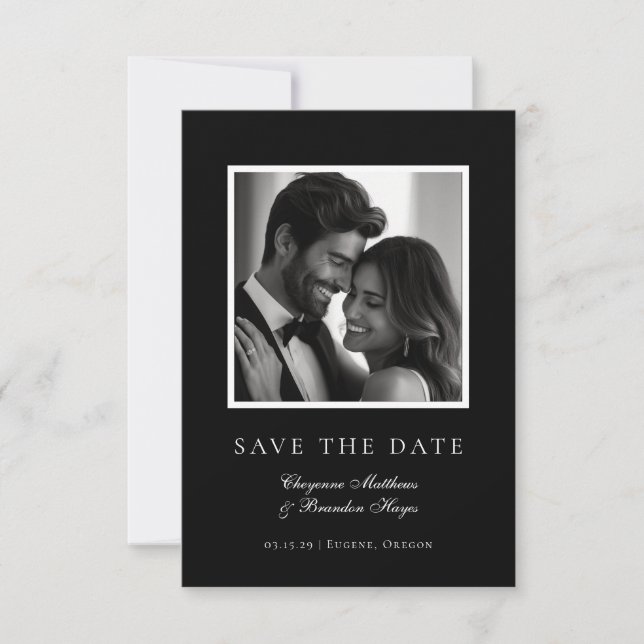 Minimalist Modern Black White Elegant Photo  Save The Date (Front)