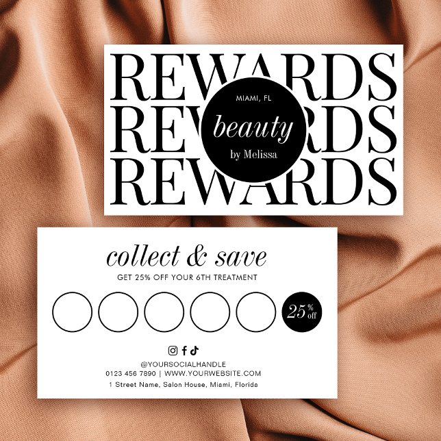 Minimalist Modern  Black White Lashes Hair Salon Loyalty Card (minimalist business rewards cards in modern black and white design with fully editable text & colors)