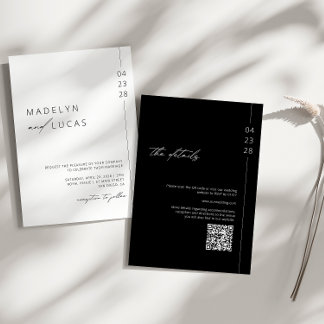 Minimalist Modern Black | White QR Code Wedding In Invitation