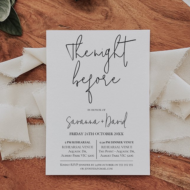 Minimalist Modern Black White Rehearsal Dinner Invitation (Minimalist wedding rehearsal and dinner invitation with a modern calligraphy heading.)