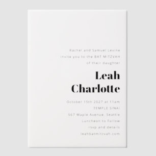 Minimalist Modern Black White Simple Bat Mitzvah Vellum Invitations