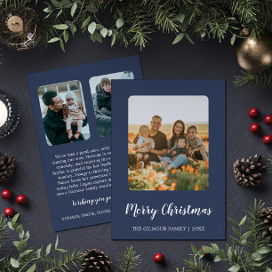 Minimalist Modern Blue 3Photo Christmas Newsletter Holiday Card