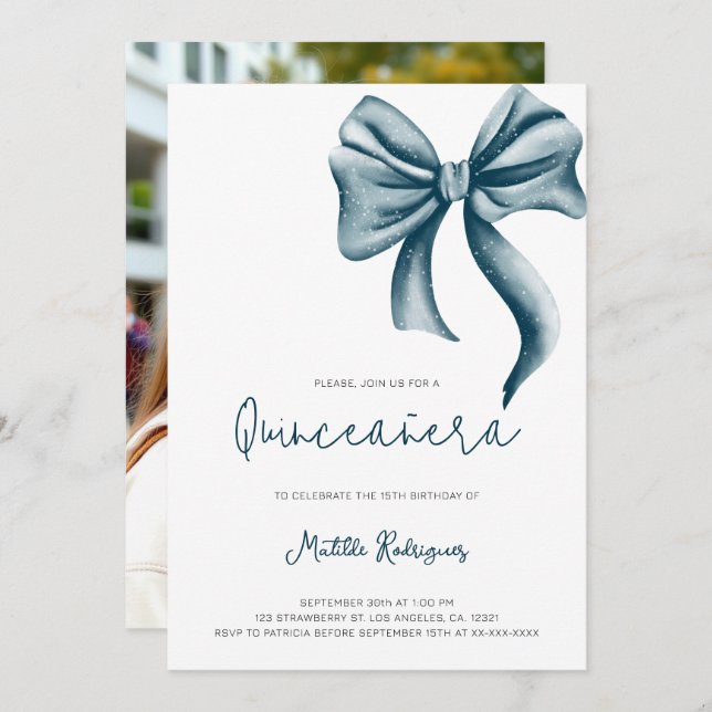 Minimalist Modern Blue Bow Girly Photo Quinceanera Invitation (Front/Back)