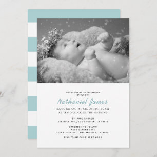 Minimalist Modern Blue Stripes Boy Photo Baptism Invitation