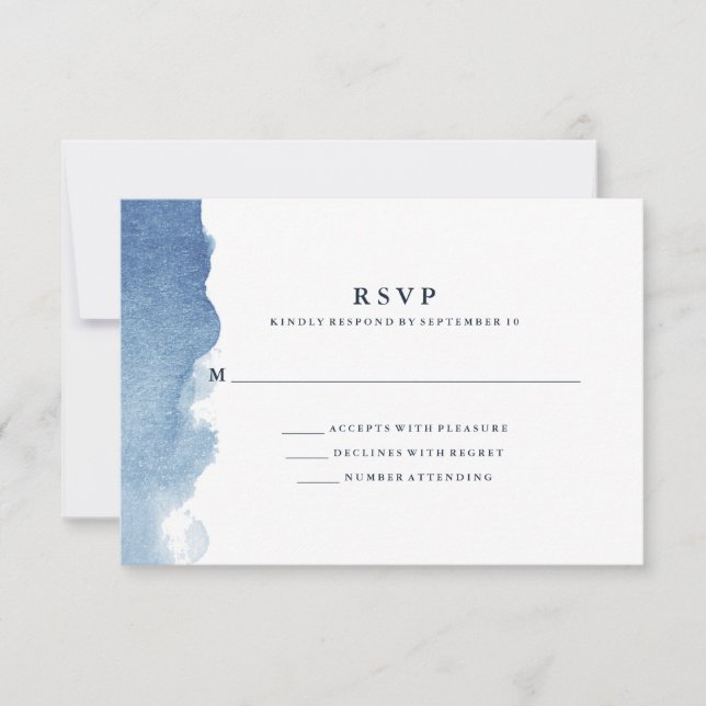 Minimalist Modern Blue Watercolor Splash RSVP Card (Front)