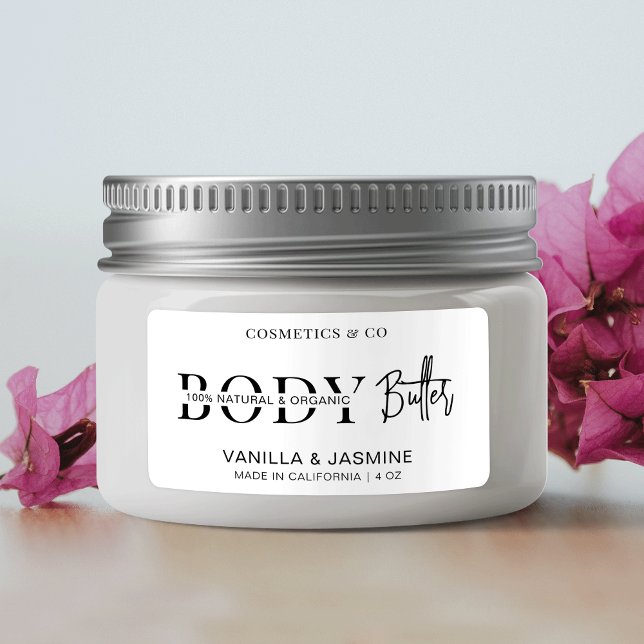 Minimalist Modern Body Butter Jar Cosmetic Product Label (Body butter jar packaging sticker with trendy script font and cut through letter effect)
