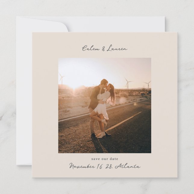 Minimalist Modern Boho Beige Square Photo Wedding Save The Date (Front)