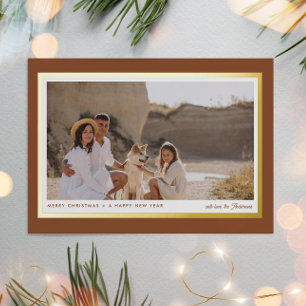 Minimalist Modern Boho Brown 1 Photo Real  Foil Holiday Postcard