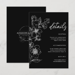 Minimalist Modern Boho Floral Black Wedding Detail Enclosure Card