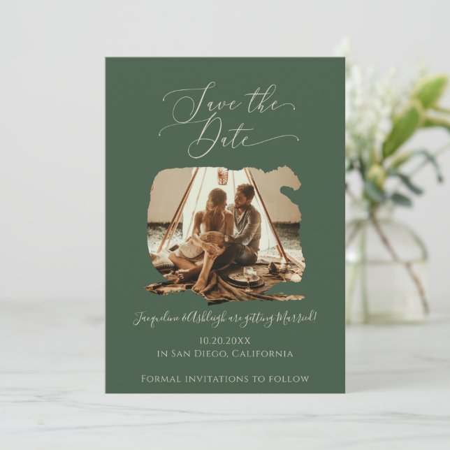 Minimalist Modern Brush Stroke Script Forest Green Save The Date (Standing Front)