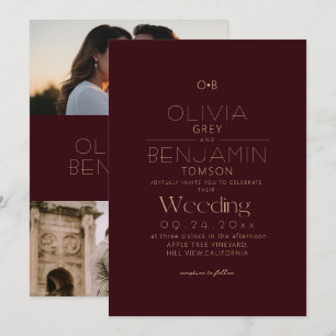 Minimalist MODERN Burgundy Gold 2 Photo Wedding Invitation