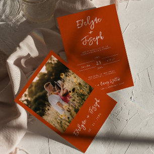 Minimalist Modern Burnt Orange Photo Boho Wedding Invitation