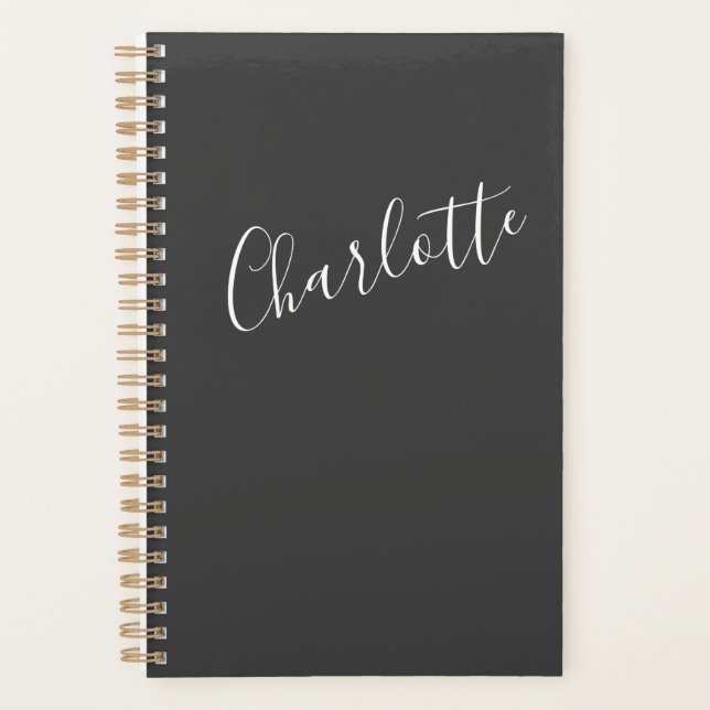 Minimalist Modern Calligraphy Black White Name Planner (Front)