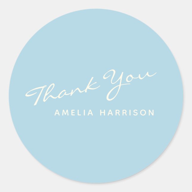 Minimalist Modern Calligraphy Blue Name Thank You Classic Round Sticker (Front)