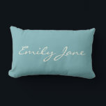 Minimalist Modern Calligraphy Teal Personalised Lumbar Cushion<br><div class="desc">This custom throw pillow features your name in beautiful handwritten script lettering on a stylish teal blue background. Great gift idea.</div>