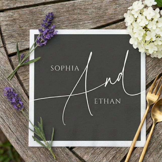 Minimalist Modern Calligraphy Wedding Black Napkin (Creator Uploaded)