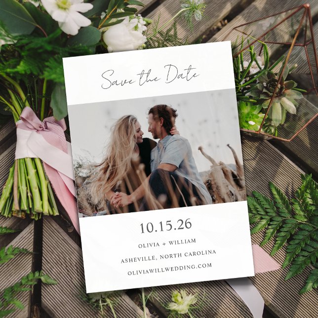 Minimalist Modern Calligraphy Wedding Couple Photo Save The Date (Creator Uploaded)