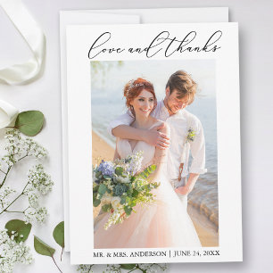 Minimalist Modern Calligraphy Wedding Photo Love Thank You Card