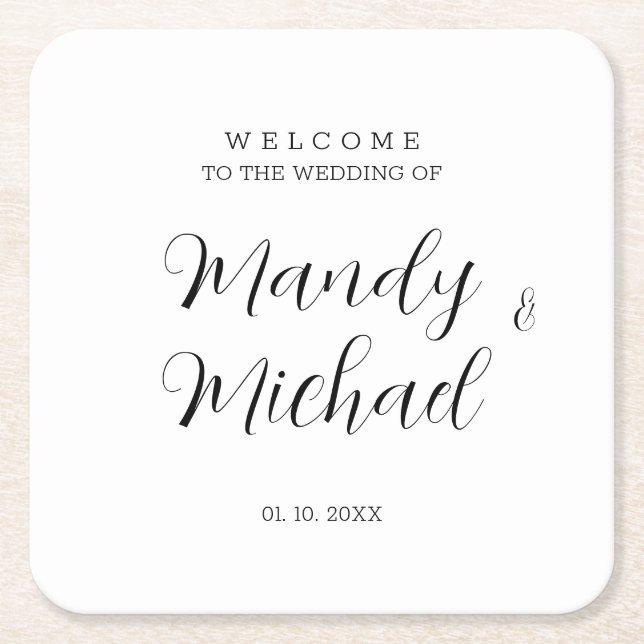 Minimalist Modern Calligraphy Wedding Welcome Square Paper Coaster (Front)