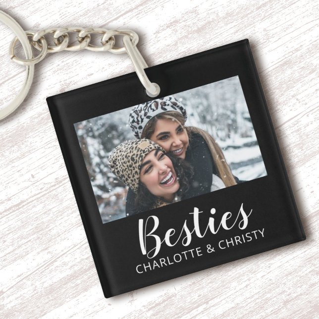 Minimalist Modern Chic Best Friends Photo Key Ring (A black and white minimalist Best Friend "Besties" Keychain. Personalize it with your photo and name)