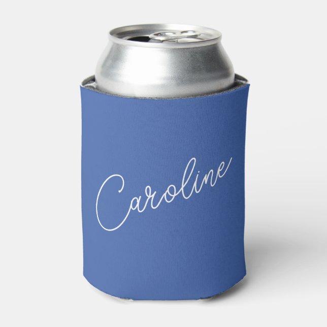 Minimalist Modern Chic Calligraphy Name Blue Can Cooler (Can Front)