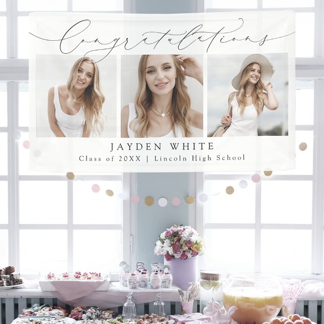 Minimalist Modern Chic Script 3 Photo Graduation Banner (Minimalist Modern Chic Script 3 Photo Graduation Banner)