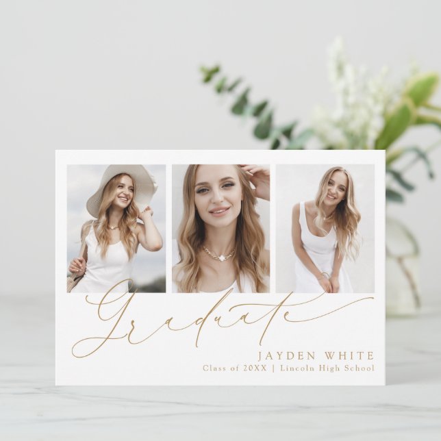Minimalist Modern Chic Script 3 Photo Graduation Invitation (Standing Front)